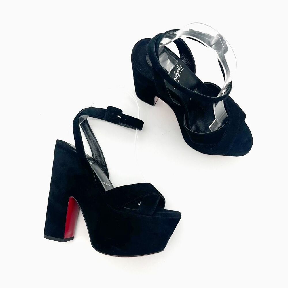 CHRISTIAN LOUBOUTIN Superyaz Platform Heels Size 37.5 Black Suede Ankle Strap - Picture 12 of 12